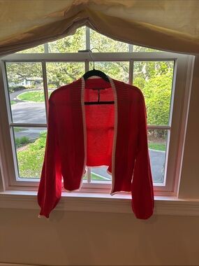 Anthropologie Red Open-Front Cropped Cardigan with Cream Trim
